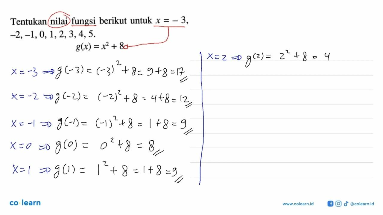 Tentukan nilai fungsi berikut untuk x=-3,-2,1,0,1,2,3,4,5.