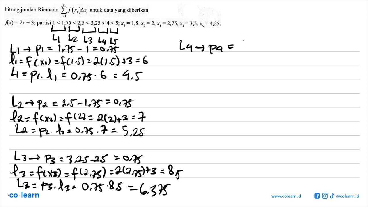 hitung jumlah Riemann sigma i=1 n f(xi) delta xi untuk data