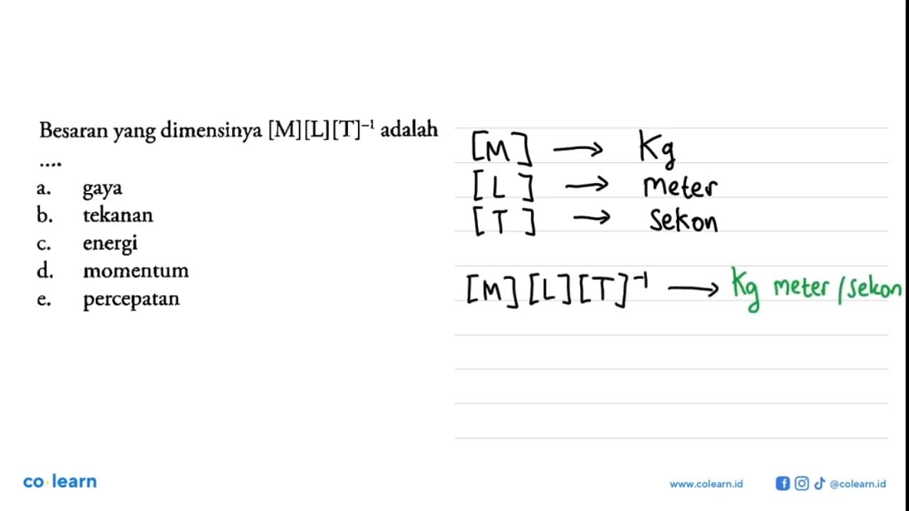 Besaran yang dimensinya [M][L][T]^-1 adalah ....