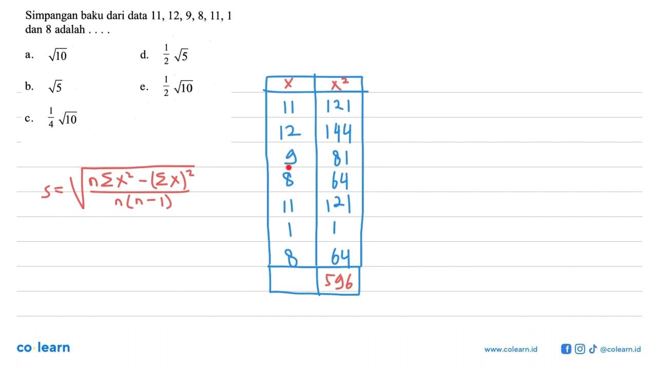 Simpangan baku dari data 11,12,9,8,11,1 dan 8 adalah....