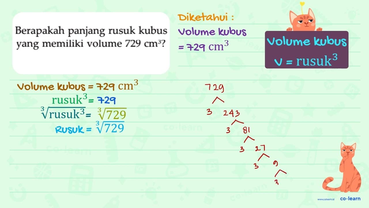 Berapakah panjang rusuk kubus yang memiliki volume 729