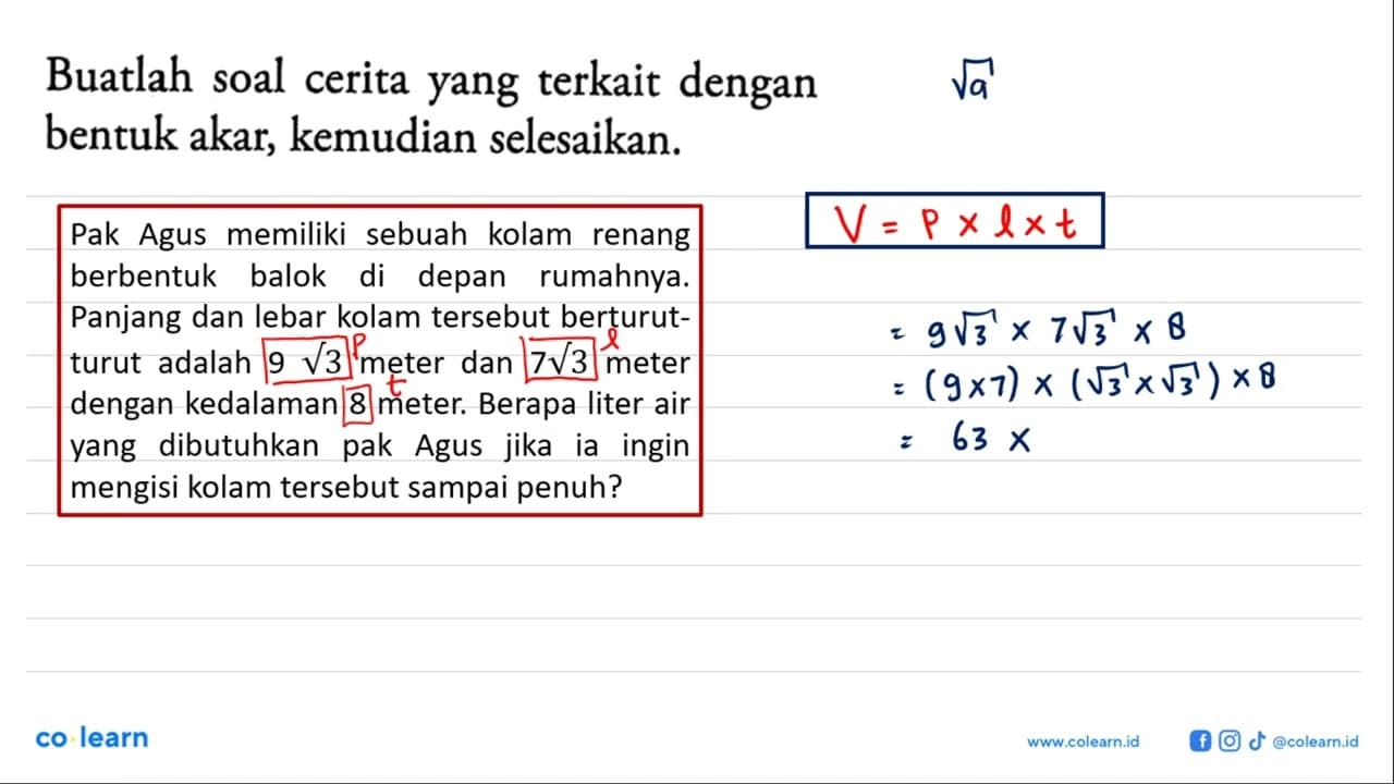 Buatlah soal cerita yang terkait dengan bentuk akar,