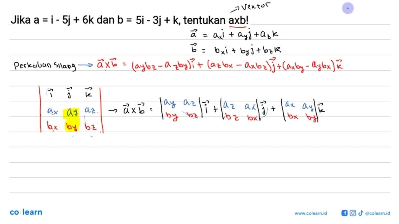 Jika a=i-5 j+6 k dan b=5 i-3 j+k , tentukan a x b!