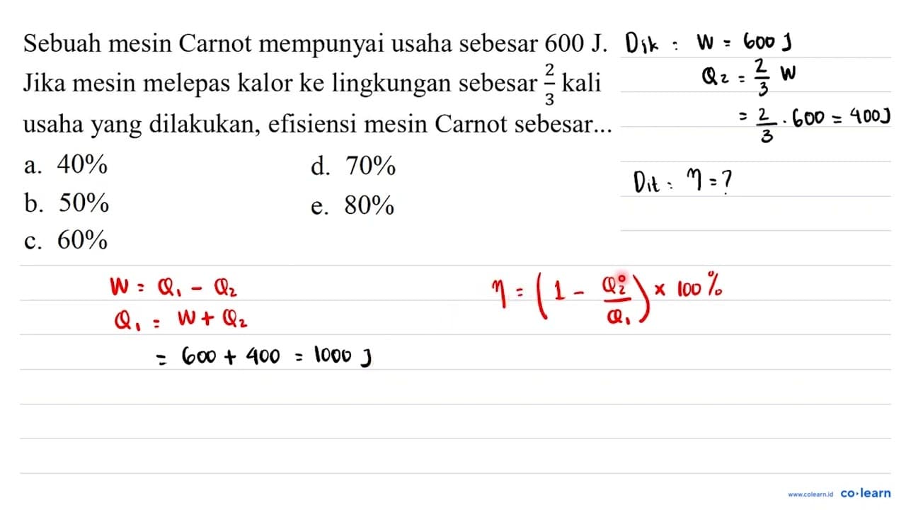 Sebuah mesin Carnot mempunyai usaha sebesar 600 J. Jika