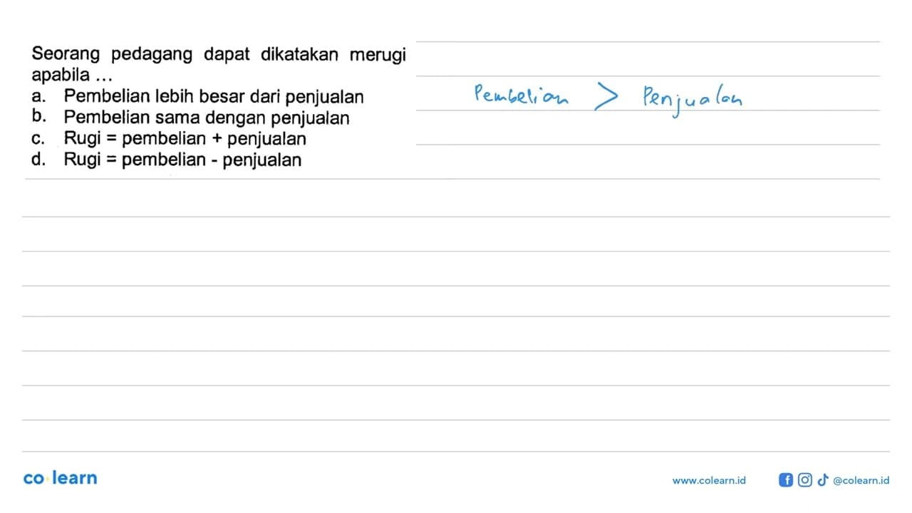 Seorang pedagang dapat dikatakan merugiapabila ... a.