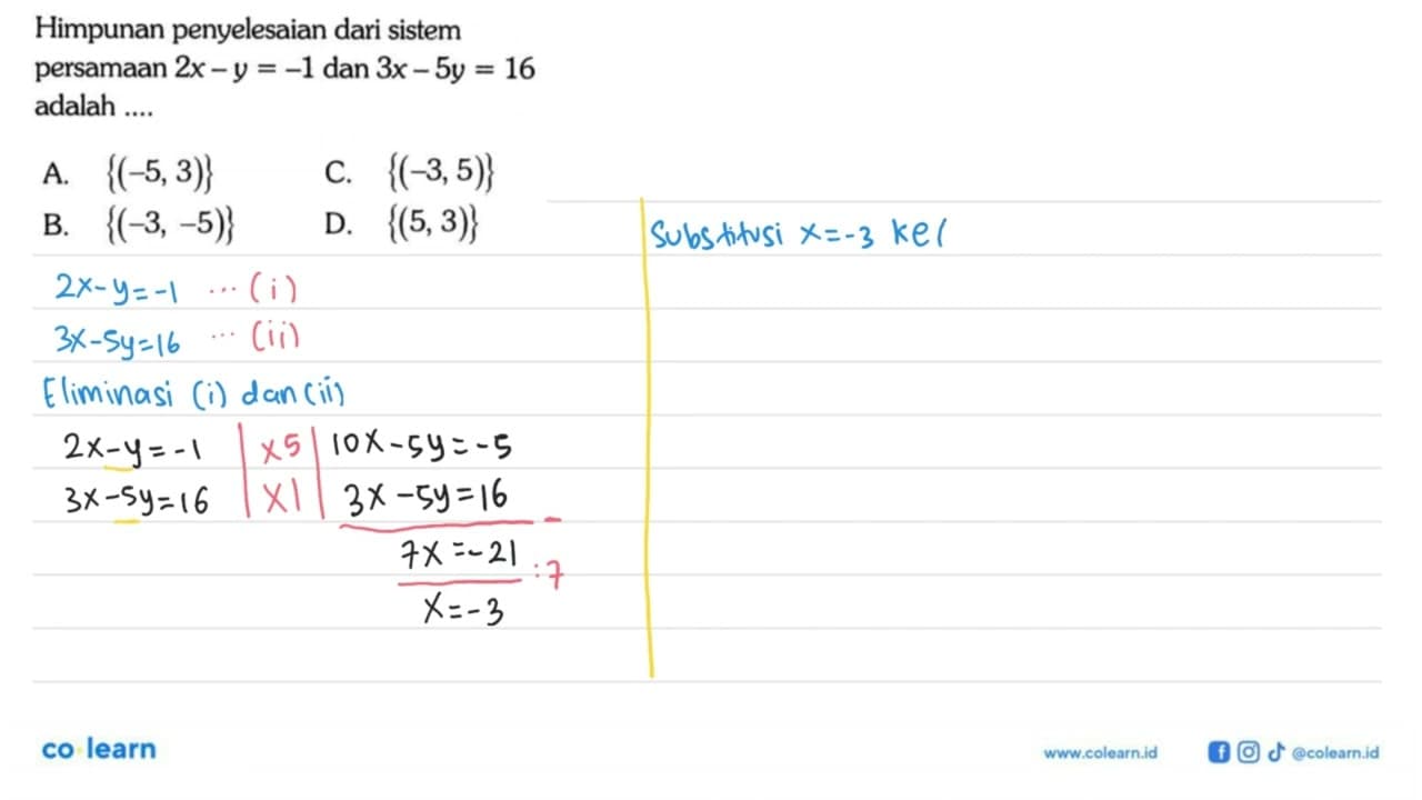 Himpunan penyelesaian dari sistem persamaan 2x - y = -1 dan