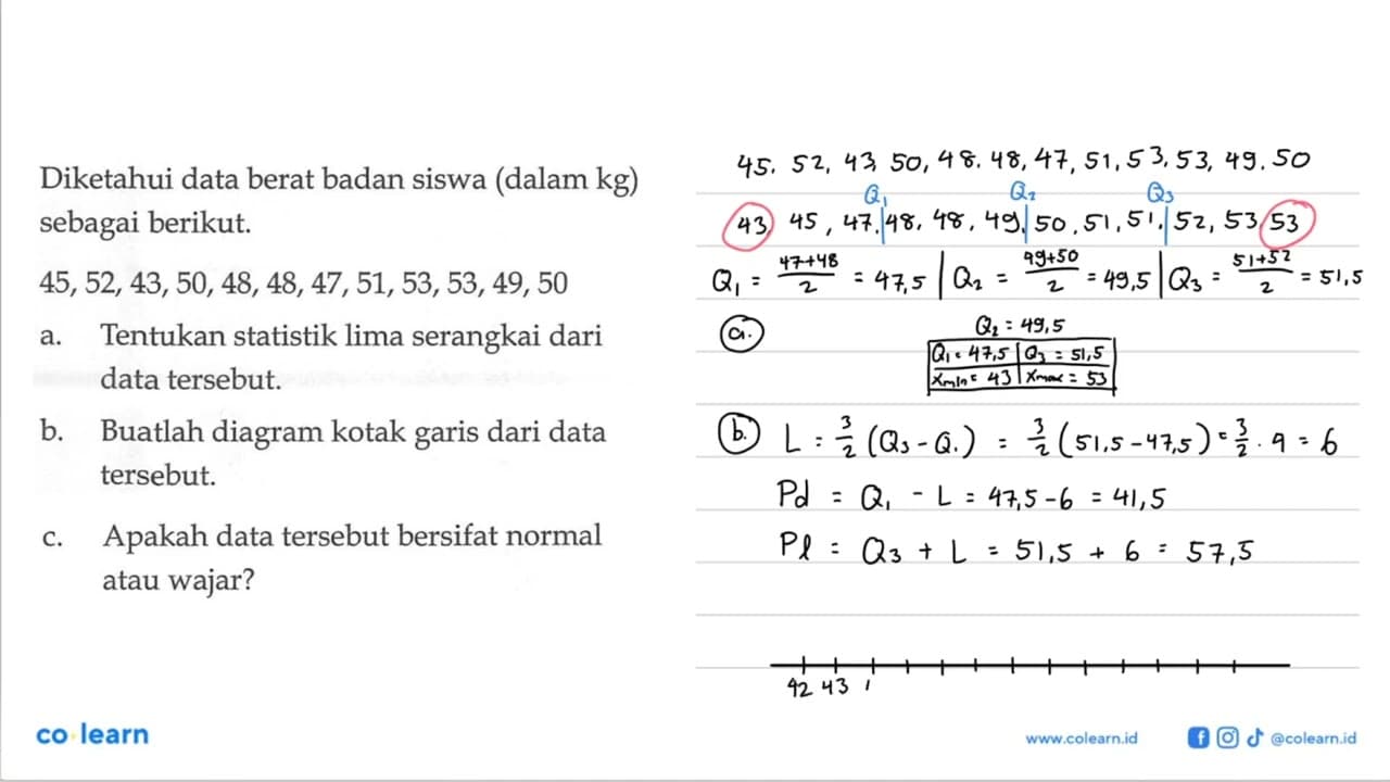 Diketahui data berat badan siswa (dalam kg) sebagai