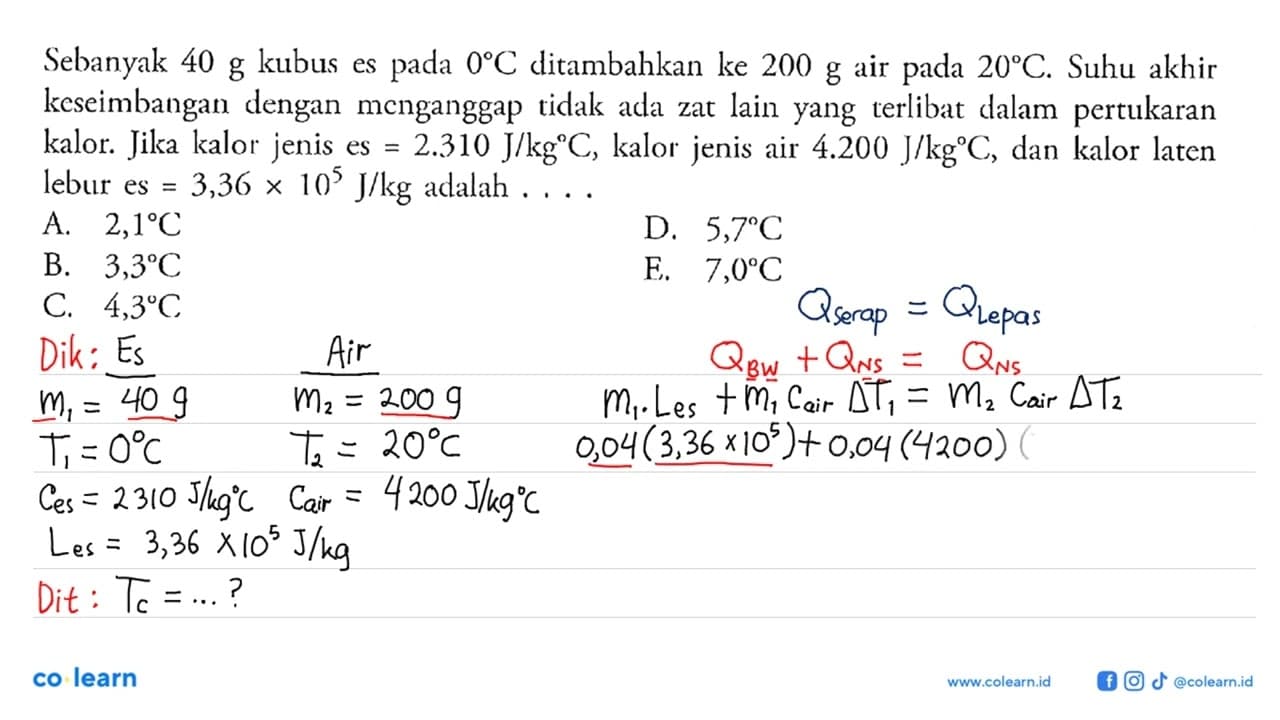 Sebanyak 40 g kubus es pada 0C ditambahkan ke 200 g air