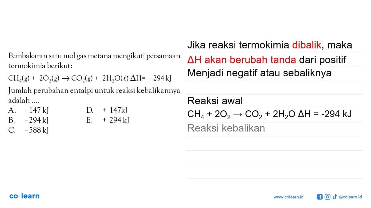 Pembakaran satu mol gas metana mengikuti persamaan