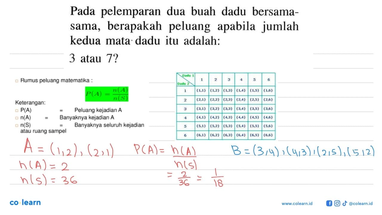 Pada pelemparan dua buah dadu bersama-sama, berapakah