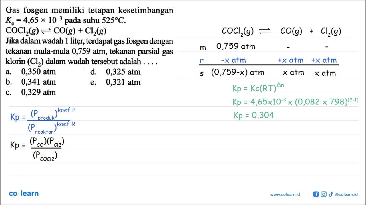 Gas fosgen memiliki tetapan kesetimbangan Kc = 4,65 x