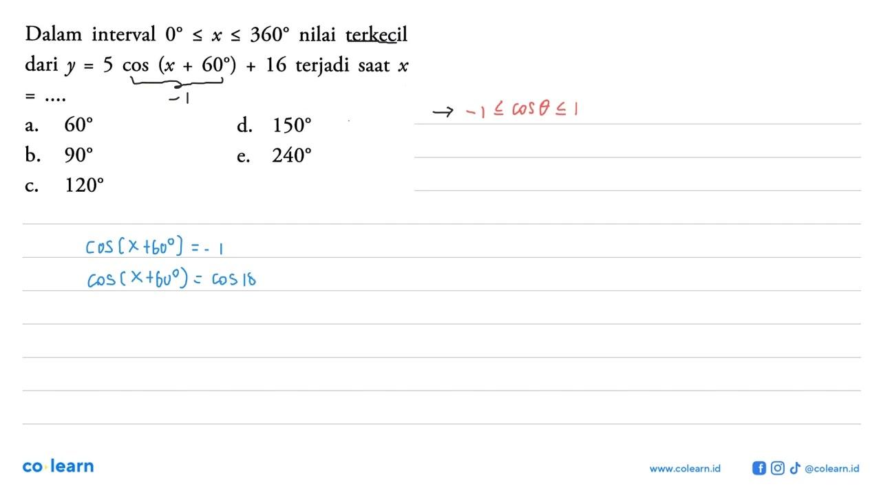 Dalam interval 0<=x<=360 nilai terkecil dari y = 5