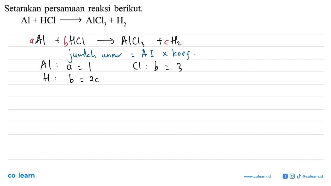 Setarakan persamaan reaksi berikut.Al+HCl->AlCl3+H2