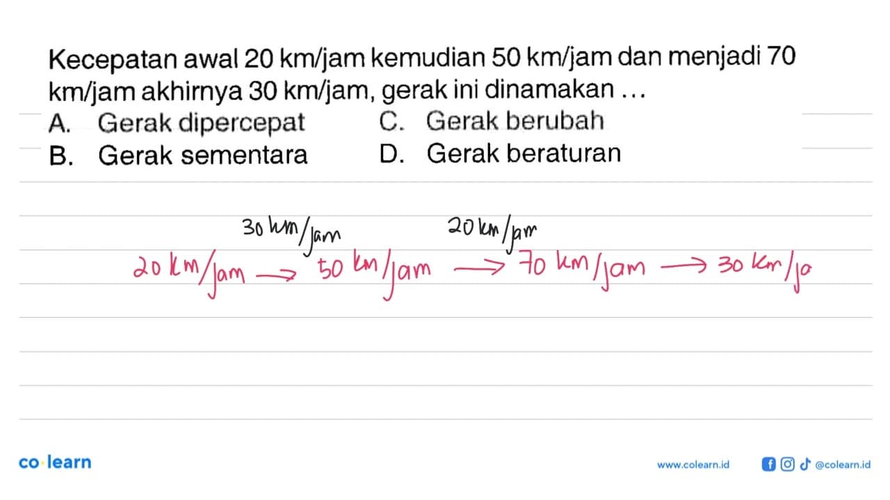 Kecepatan awal 20 km/jam kemudian 50 km/jam dan menjadi 70