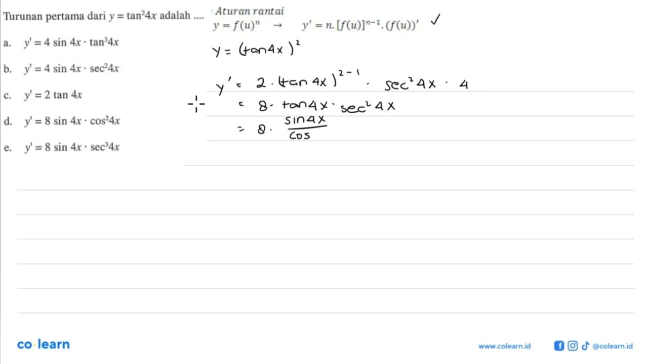 Turunan pertama dari y = tan^2 (4x) adalah ....