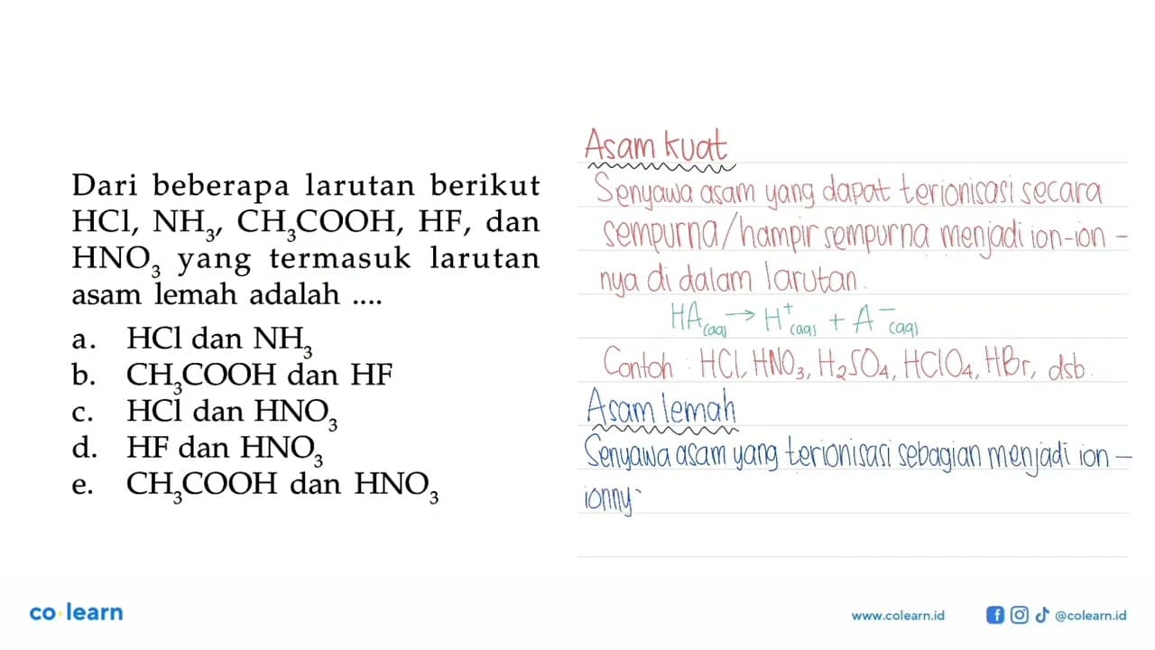 Dari beberapa larutan berikut HCl, NH3, CH3COOH, HF, dan