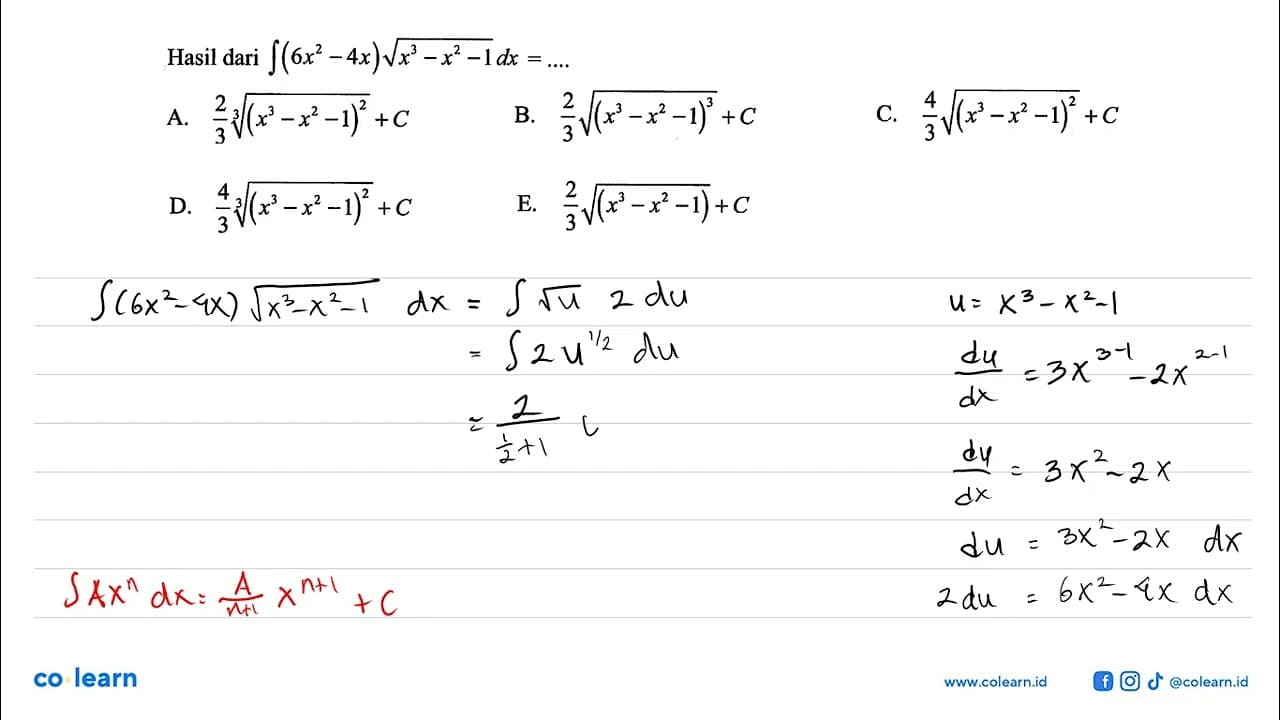 Hasil dari integral (6x^2-4x) akar(x^3-x^2-1) dx =