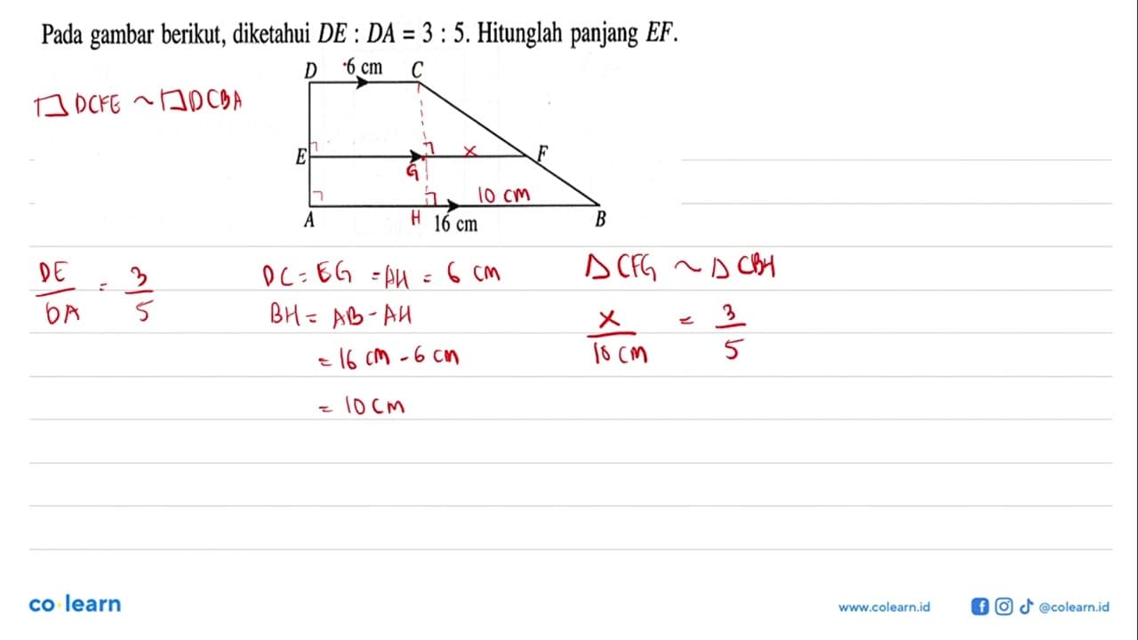 Pada gambar berikut, diketahui DE:DA=3:5. Hitunglah panjang