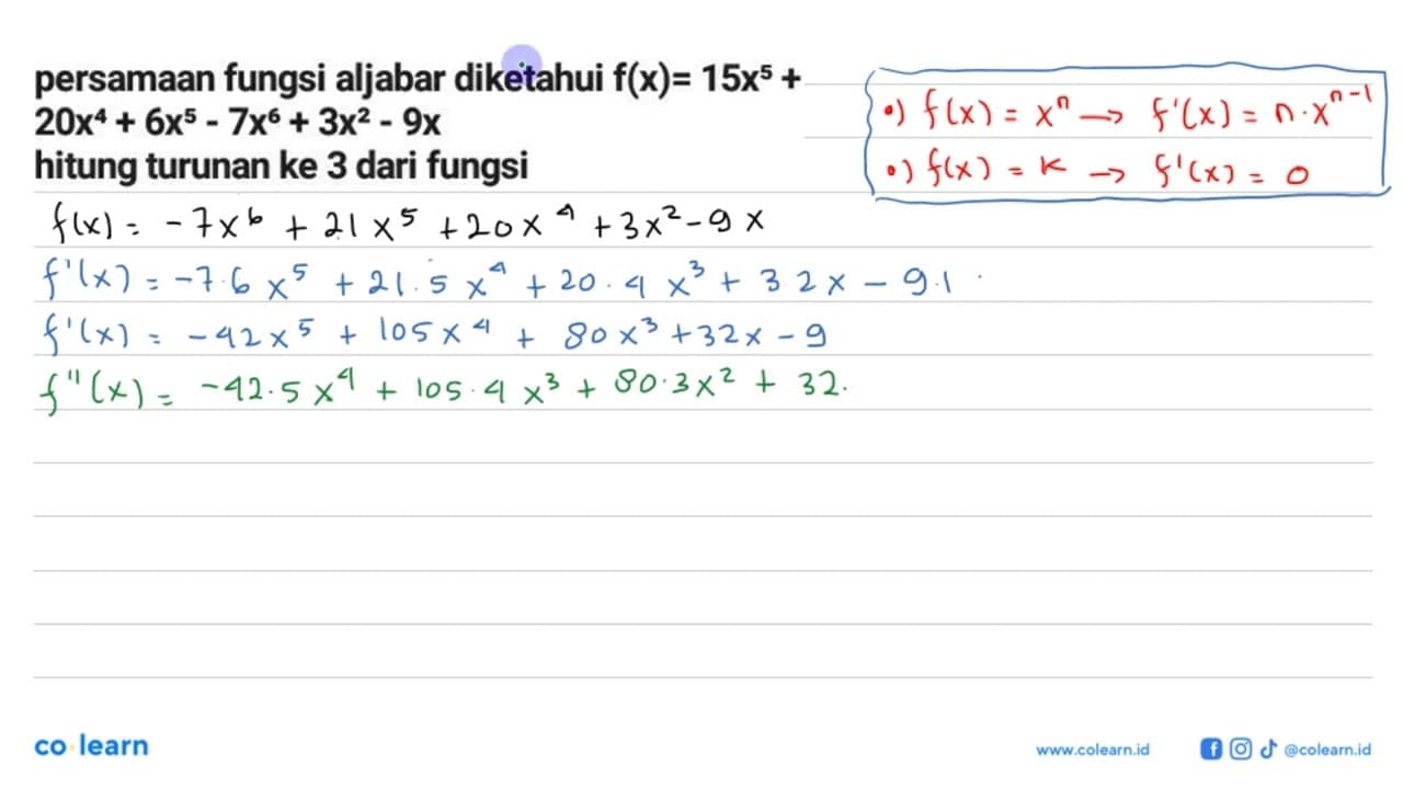 persamaan fungsi aljabar diketahui f(x)=15 x^5+ 20 x^4+6