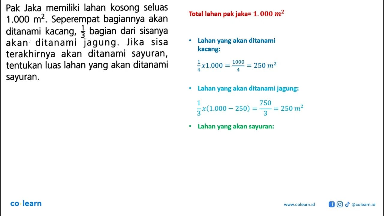 Pak Jaka memiliki lahan kosong seluas 1.000 m^2. Seperempat