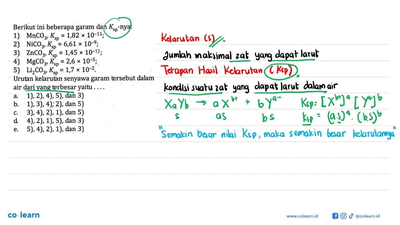 Berikut ini beberapa garam dan Ksp-nya:1) MnCO3,