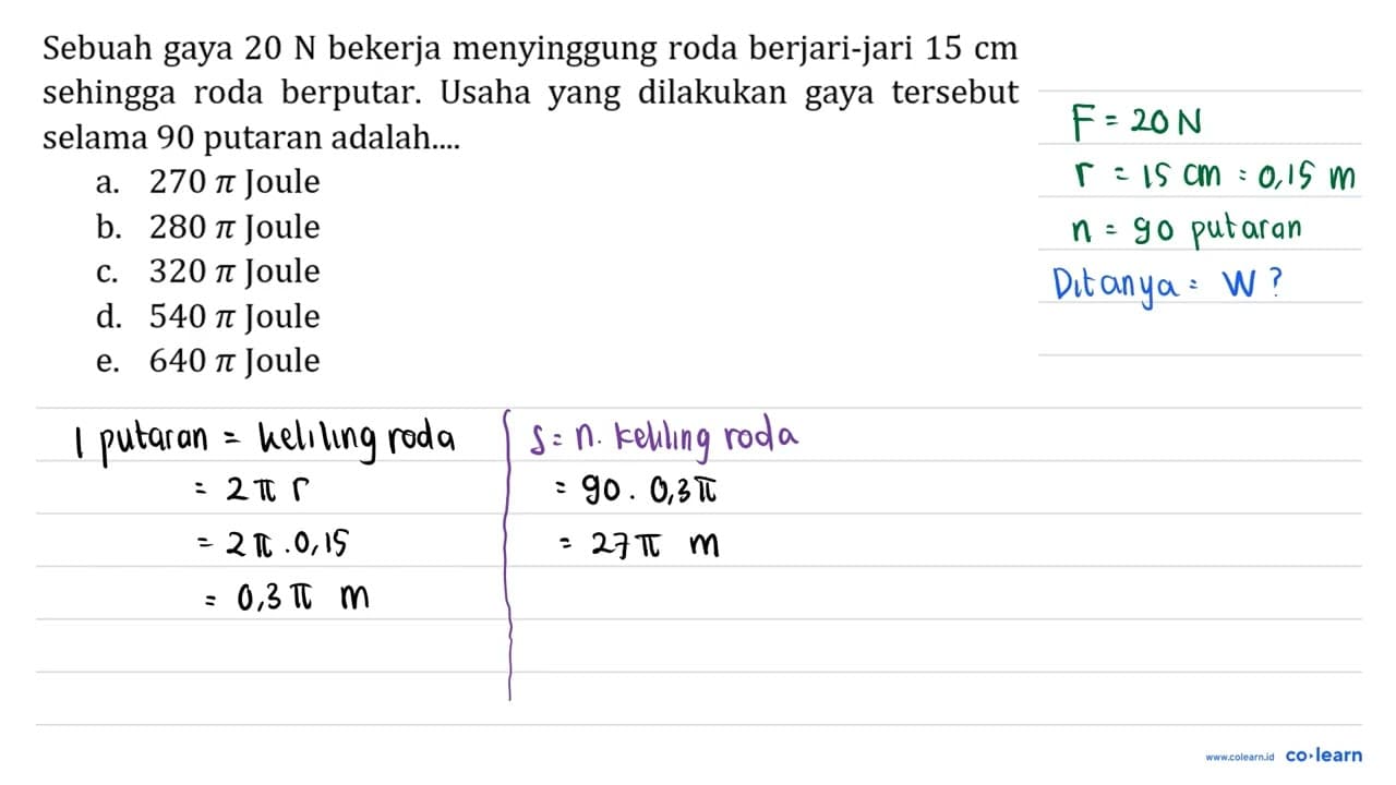 Sebuah gaya 20 ~N bekerja menyinggung roda berjari-jari 15