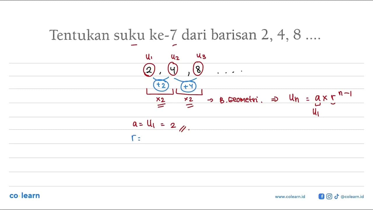 Tentukan suku ke-7 dari barisan 2, 4, 8