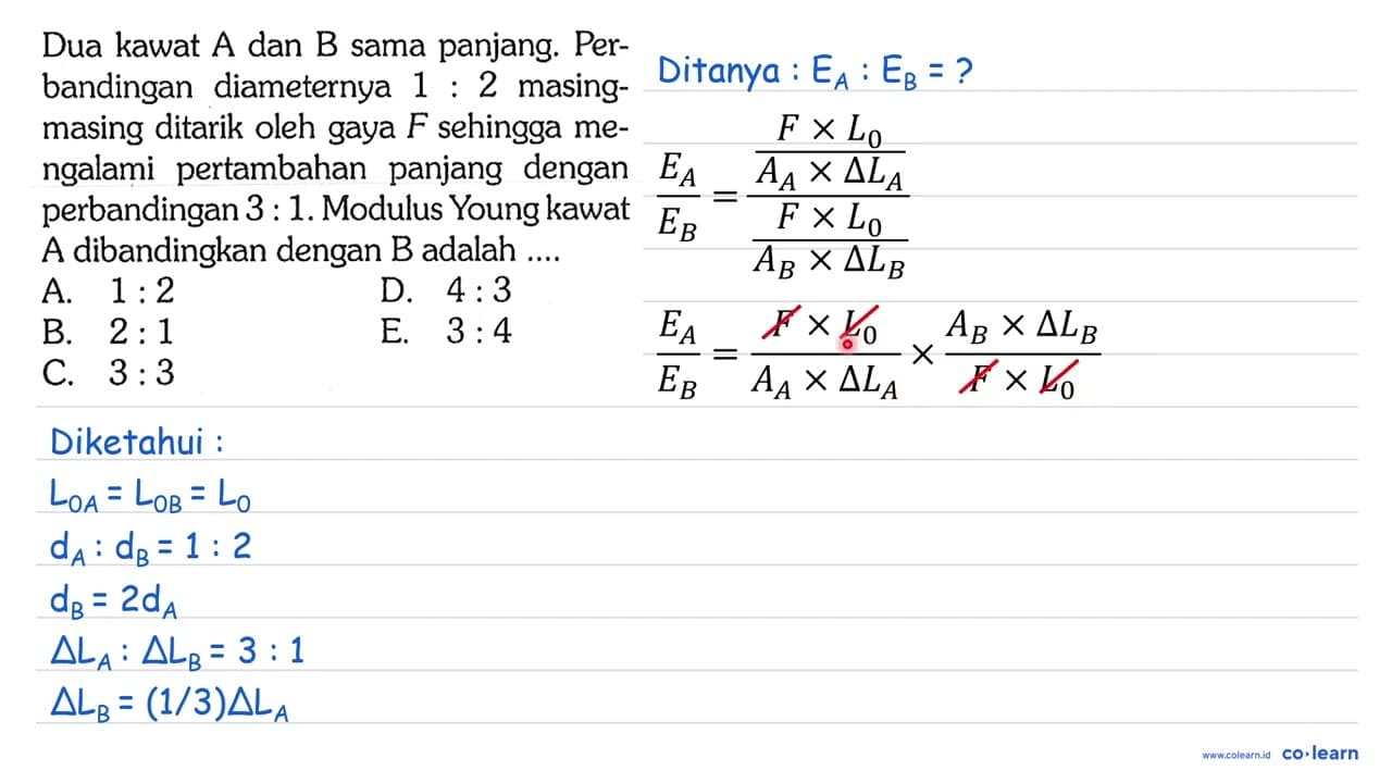 Dua kawat A dan B sama panjang. Perbandingan diameternya