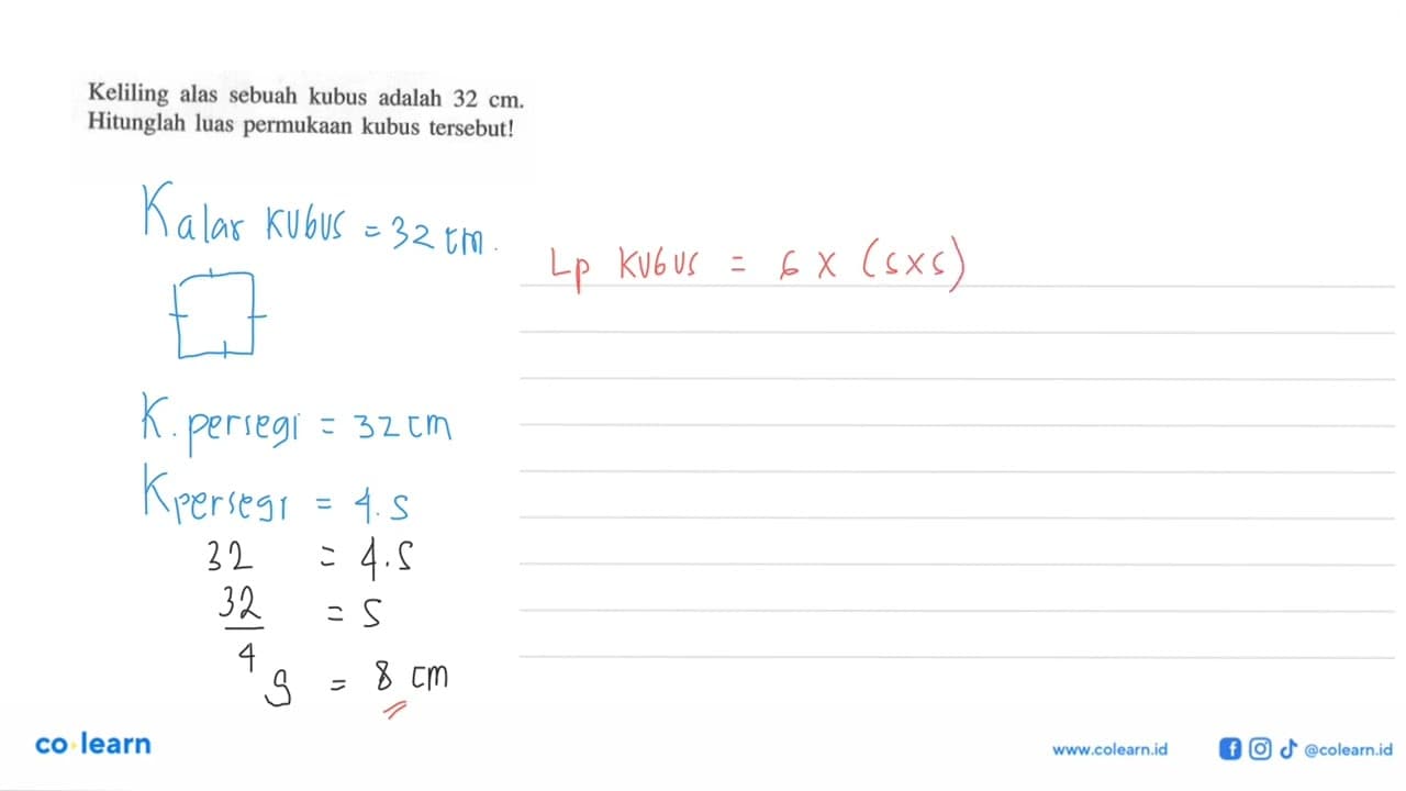 Keliling alas sebuah kubus adalah 32 cm. Hitunglah luas