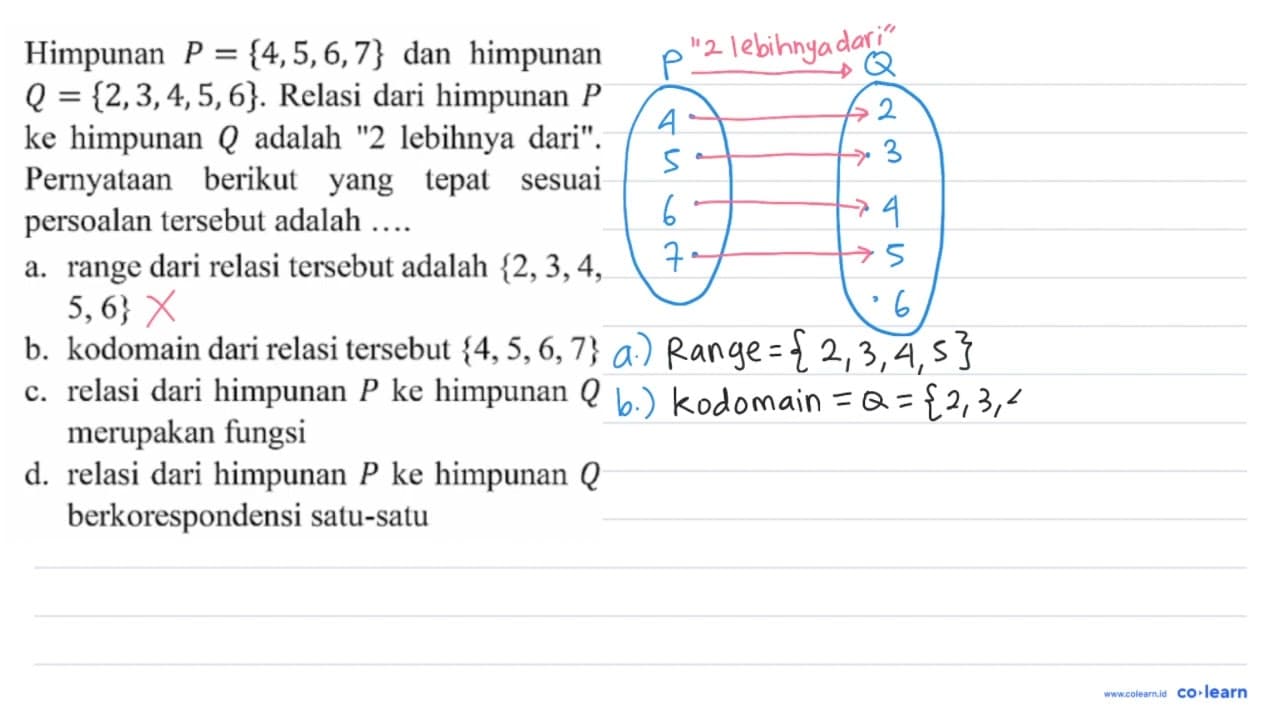 Himpunan P={4,5,6,7} dan himpunan Q={2,3,4,5,6} . Relasi