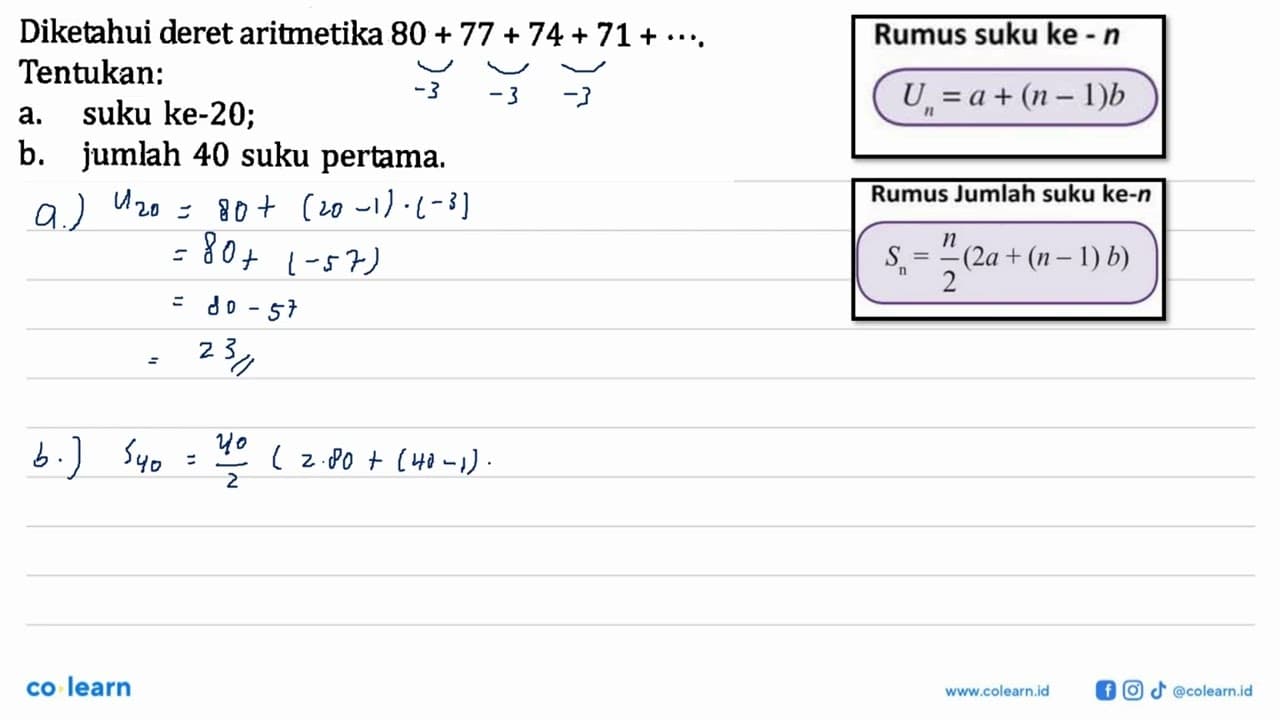 Diketahui deret aritmetika 80 + 77 + 74 + 71 + ....