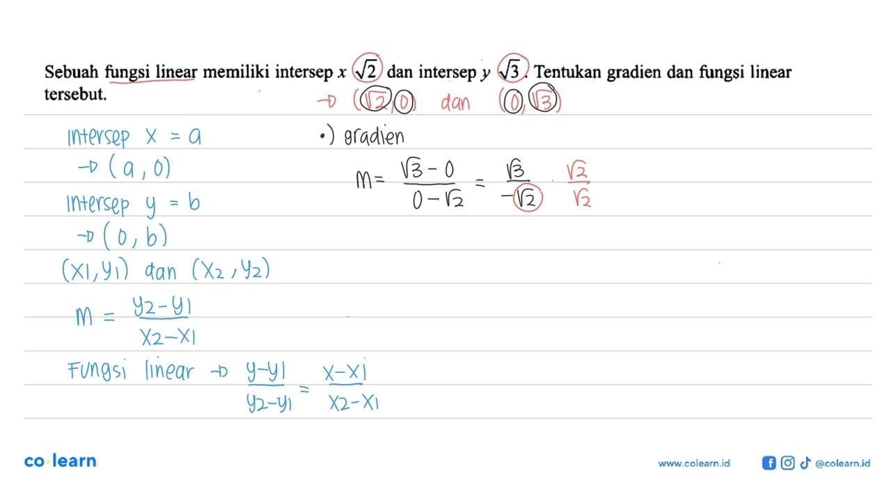 Sebuah fungsi linear memiliki intersep x akar(2) dan