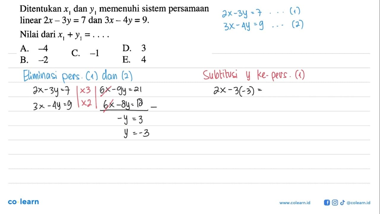 Ditentukan x1 dan y1 memenuhi sistem persamaan linear