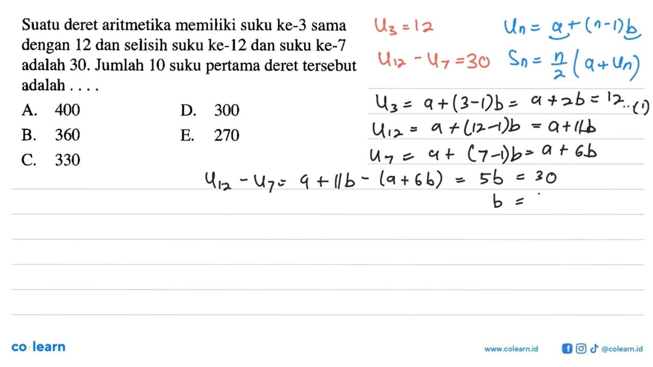 Suatu deret aritmetika memiliki suku ke-3 sama dengan 12