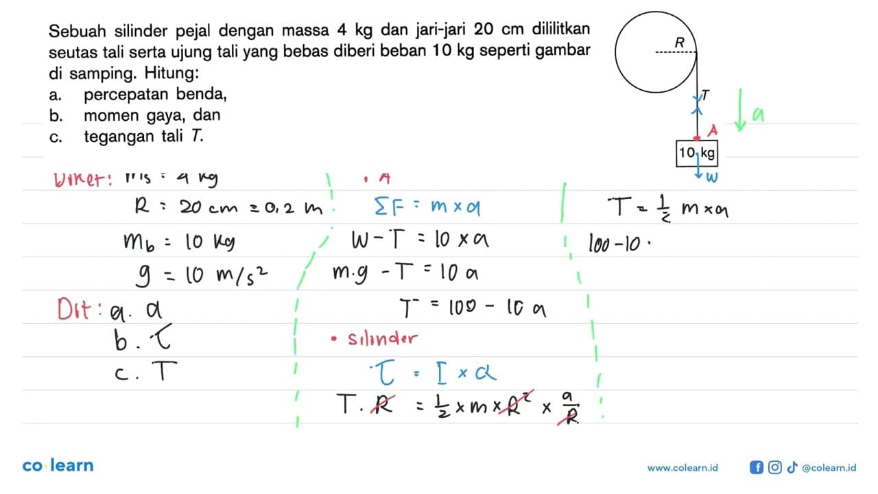 Sebuah silinder pejal dengan massa 4 kg dan jari-jari 20 cm