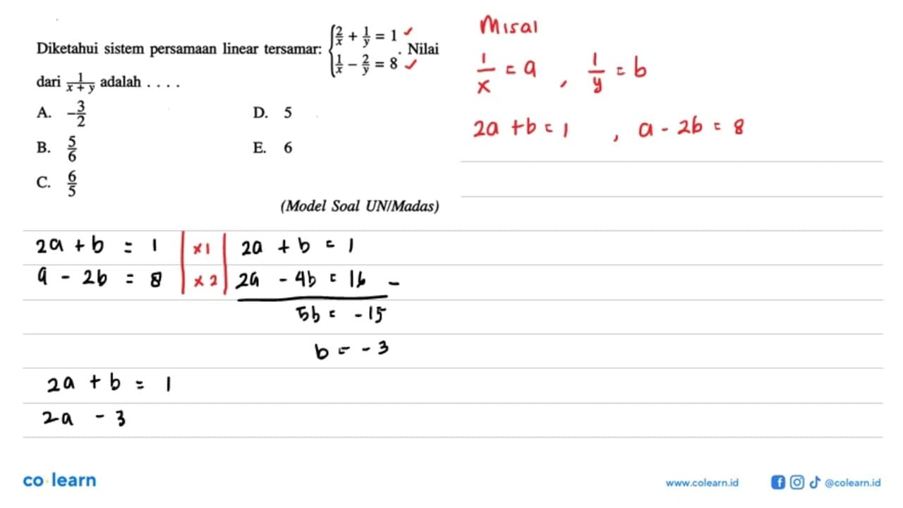 Diketahui sistem persamaan linear tersamar: 2/x+1/y=1