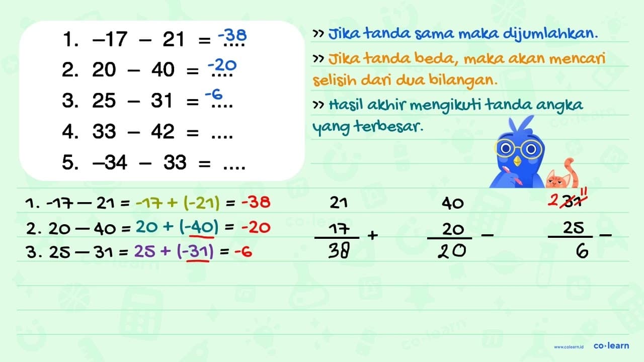 1. -17 - 21=... 2. 20 - 40=... 3. 25 - 31=... 4. 33 -