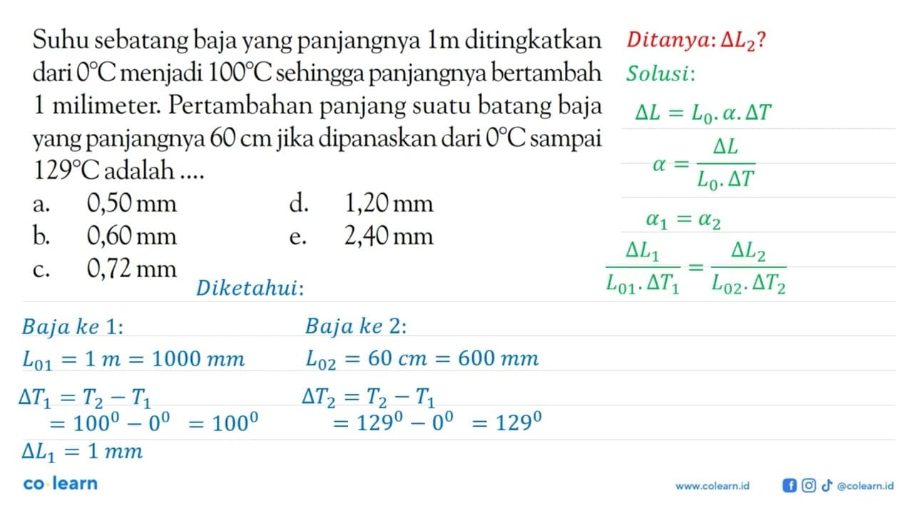 Suhu sebatang baja yang panjangnya 1 m ditingkatkan dari 0