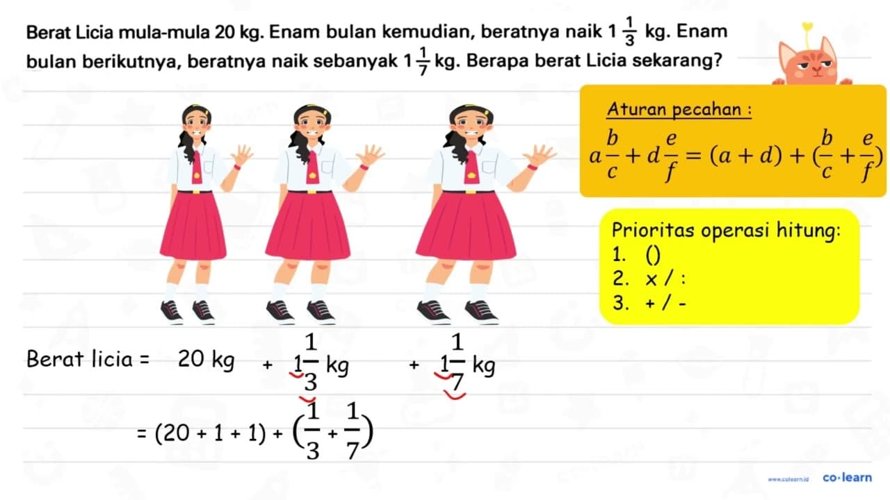 Berat Licia mula-mula 20 kg . Enam bulan kemudian, beratnya