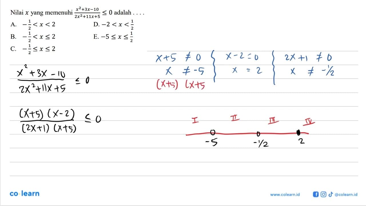 Nilai x yang memenuhi (x^2+3x-10)/(2x^2+11x+5) <=0