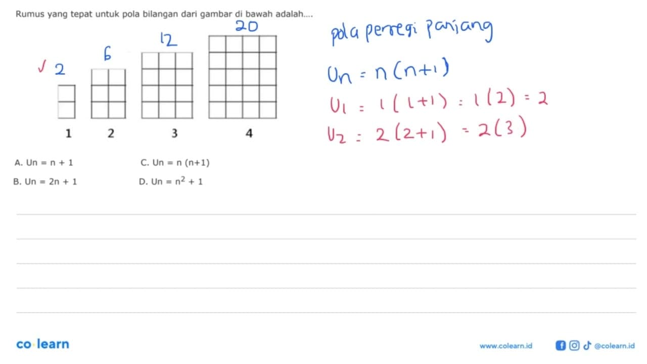 Rumus yang tepat untuk pola bilangan dari gambar di bawah