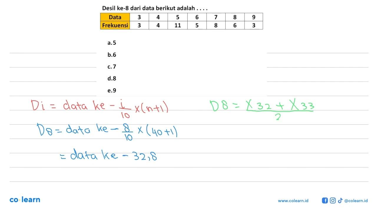 Desil ke-8 dari data berikut adalah . . . . Data 3 4 5 6 7