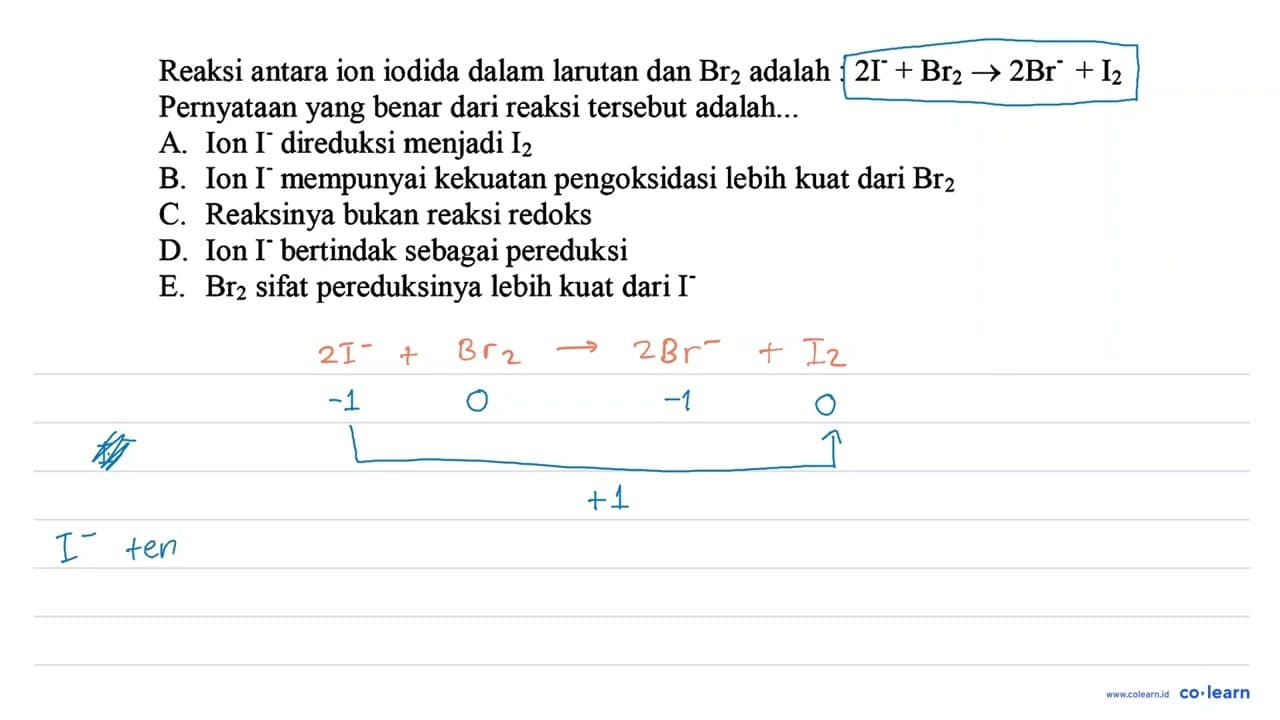 Reaksi antara ion iodida dalam larutan dan Br_(2) adalah :