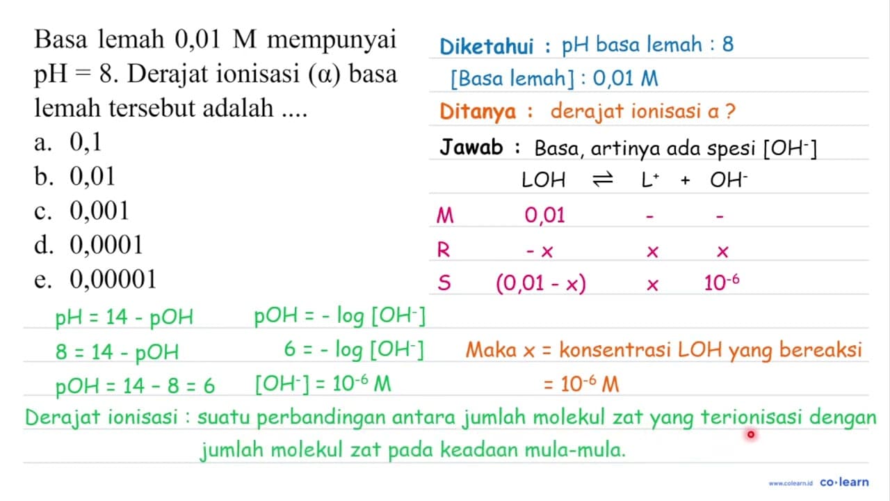 Basa lemah 0,01 M mempunyai pH=8 . Derajat ionisasi (a)