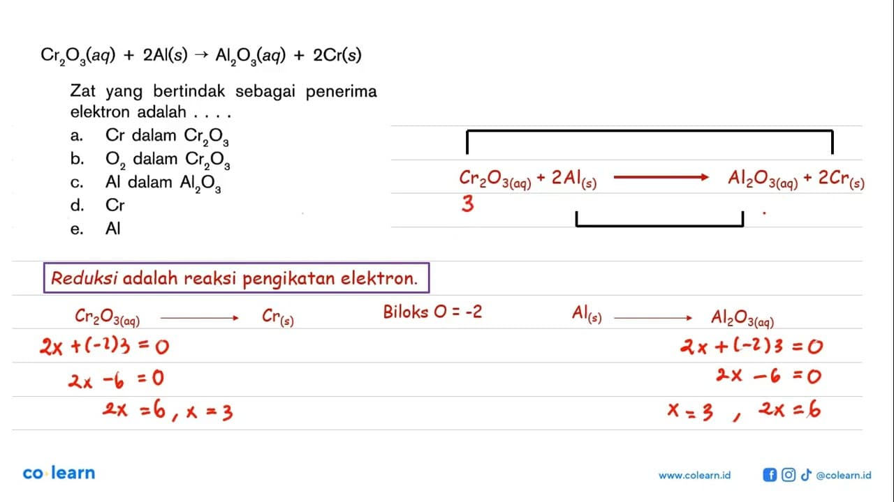 Cr2O3 (aq)+2Al (s)->Al2O3 (aq)+2Cr (s) Zat yang bertindak