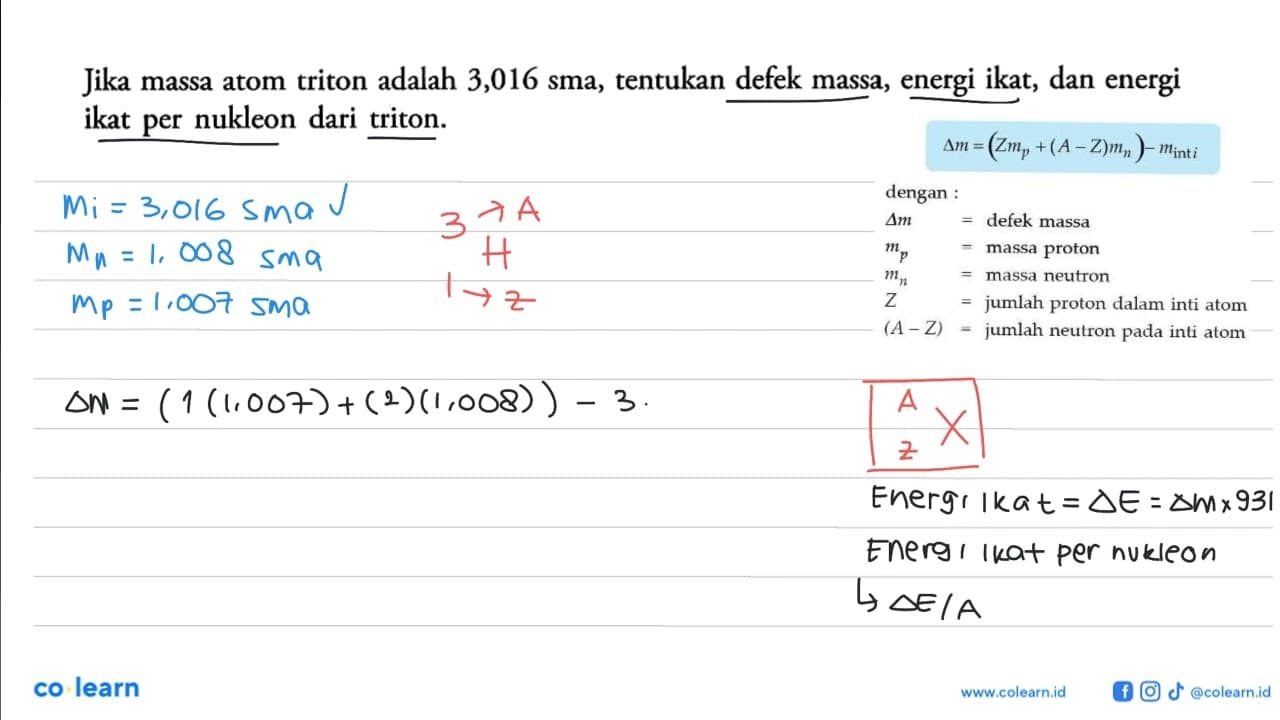 jika massa atom triton adalah 3,016 sma, tentukan defek