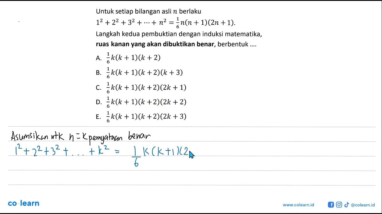 Untuk setiap bilangan asli n berlaku 1^2+2^2+3^2+.s+n^2=1/6