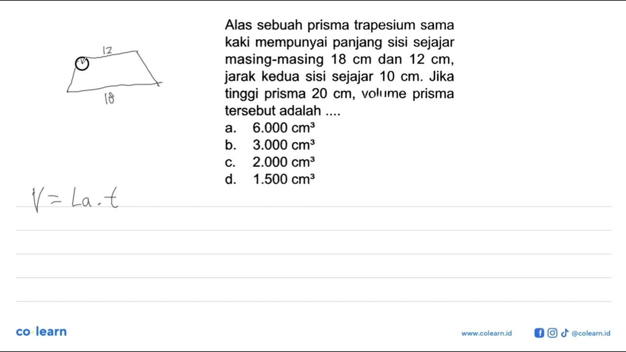 Alas sebuah prisma trapesium sama kaki mempunyai panjang