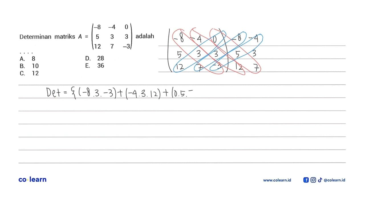 Determinan matriks A=(-8 -4 0 5 3 3 12 7 -3) adalah ...