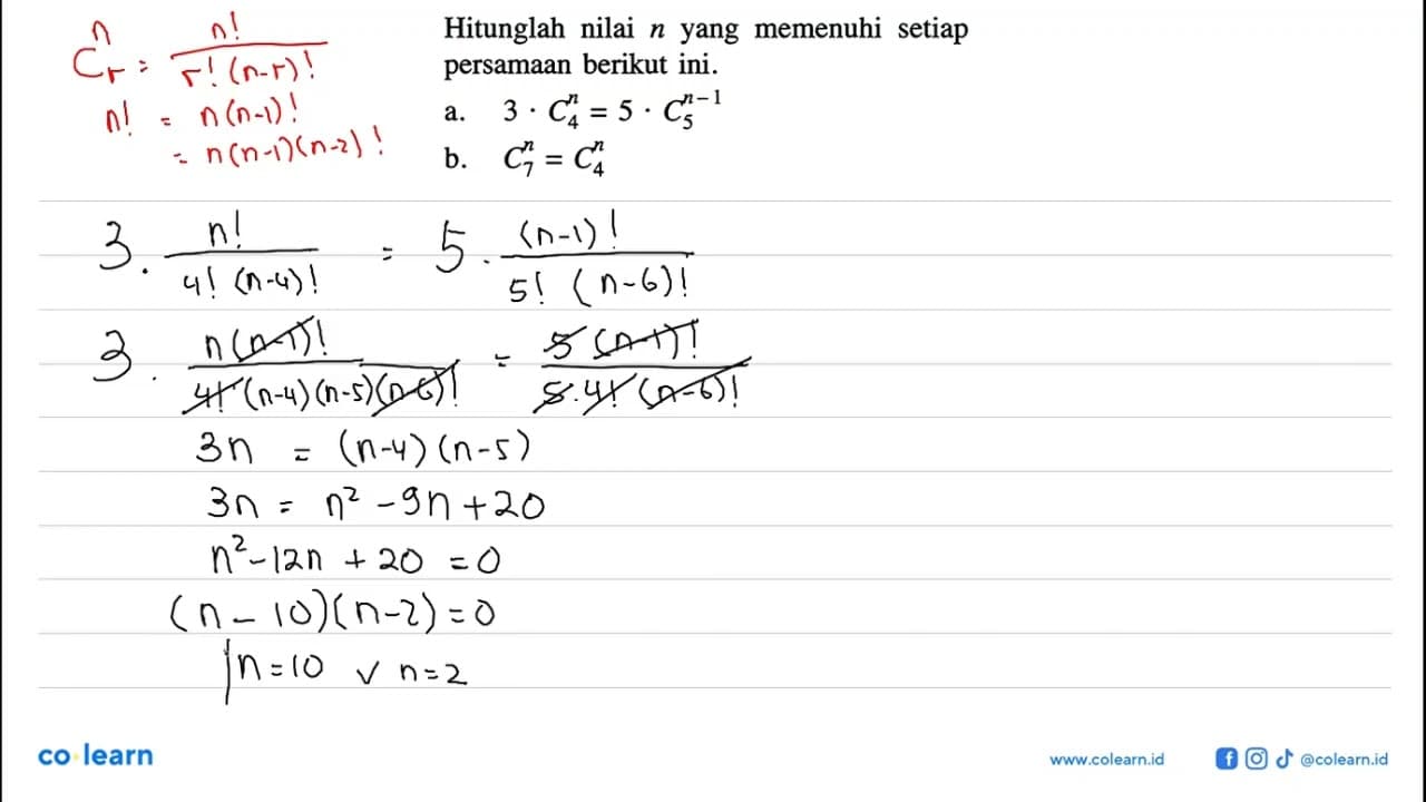 Hitunglah nilai n yang memenuhi setiap persamaan berikut